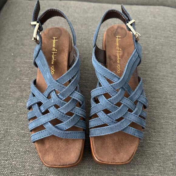 House of Harlow 1960 Georgia Denim Blue Leather Strappy Platform Sandals 6.5M - Picture 3 of 11